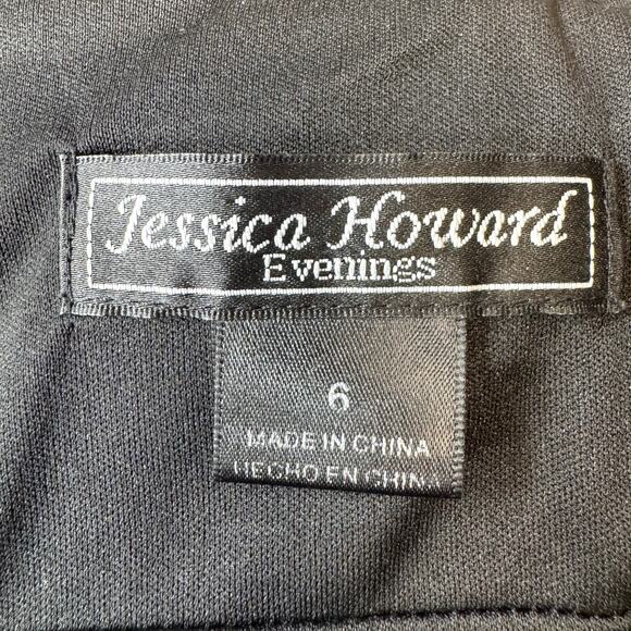 JESSICA HOWARD EVENING Brooch Fit & Flare Midi Dress Black Empire Waist Ruched 6 - Picture 11 of 13